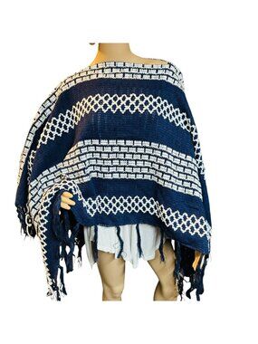 Handwoven Navy & White Mexican Poncho With Fringe